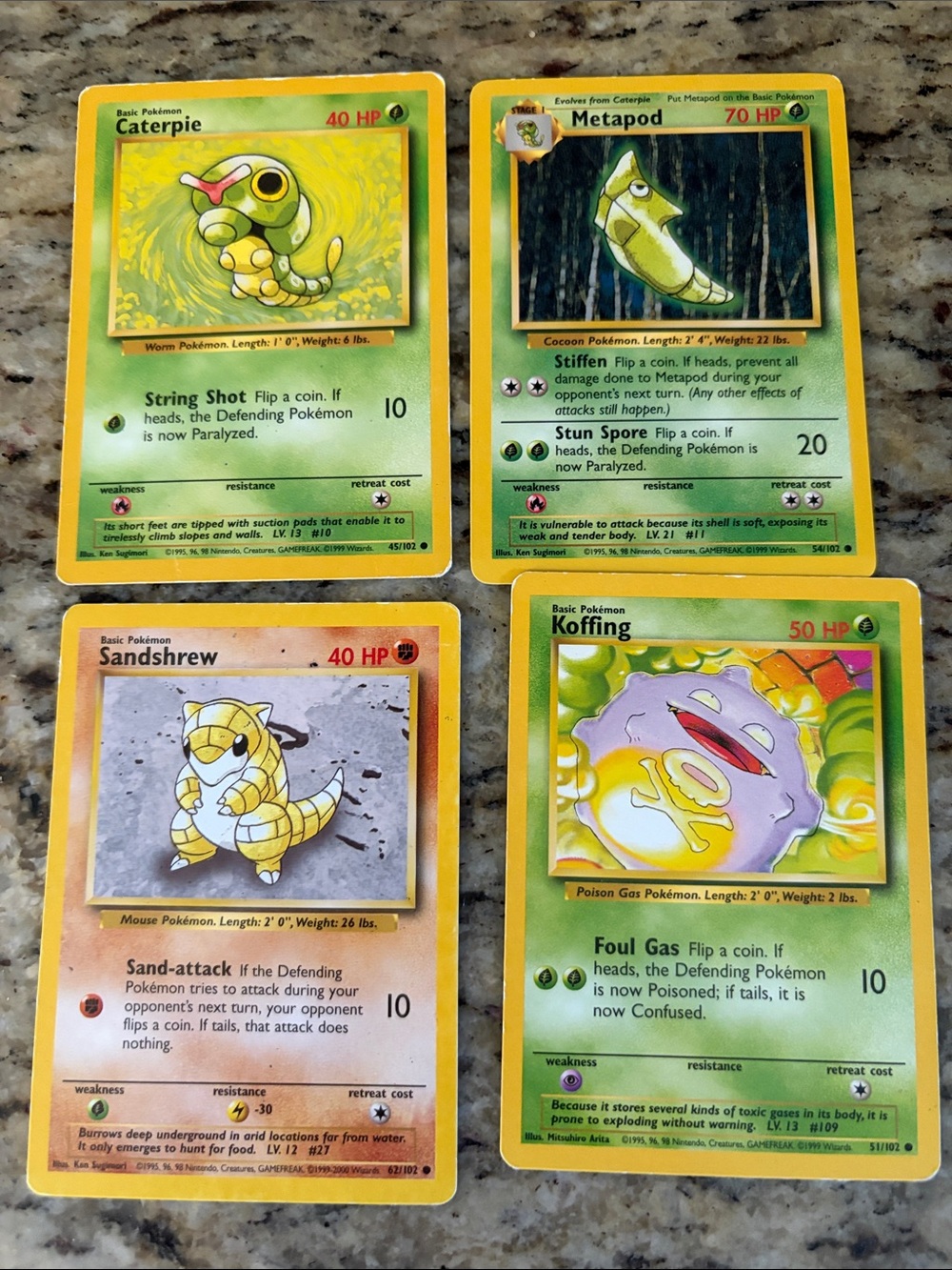 Made in 1995 Trading Card Bundle - Caterpie, Metapod, Sandshrew, Koffing (Green,